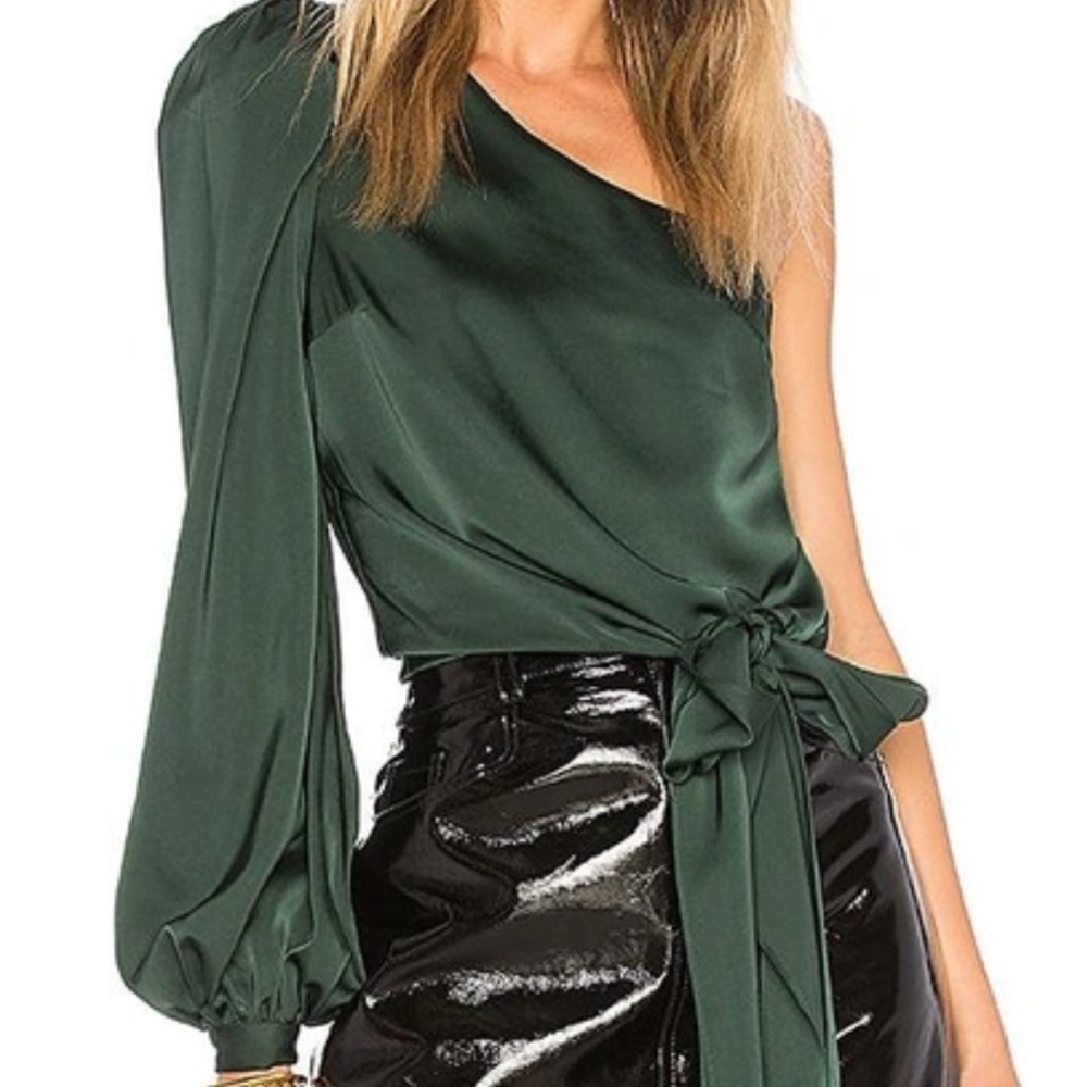 Lovers + Friends Kendall Emerald Green One Shoulder Satin Top w/ Bow at Waist